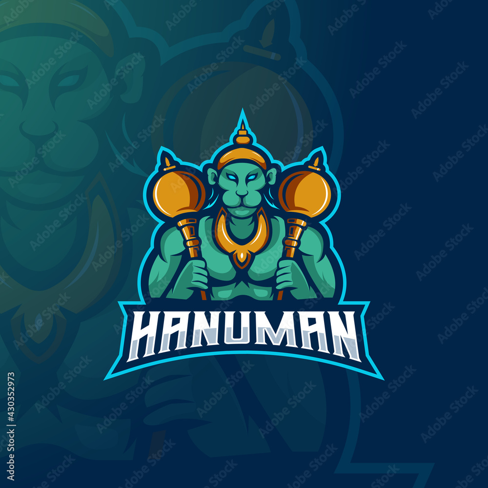 Hanuman mascot logo design vector with modern illustration concept style for badge, emblem and t-shirt printing. Monkey god illustration for e-sport team