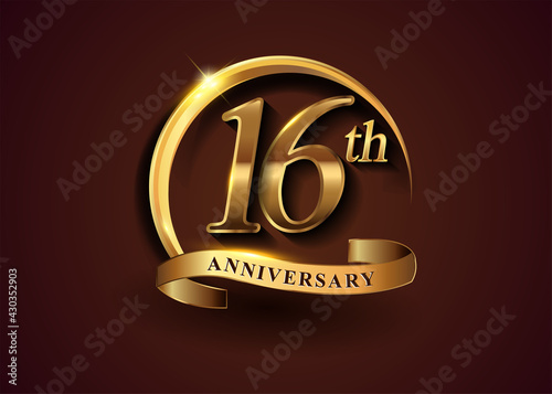 16th golden anniversary logo with gold ring and golden ribbon, vector design for birthday celebration, invitation card.