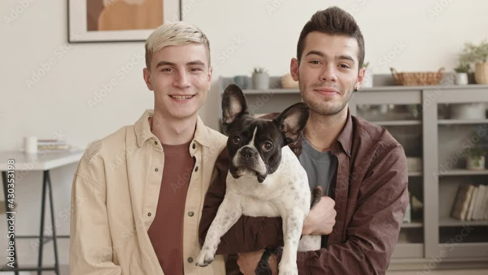 Medium shot portrait of young dark-haired Caucasian man and his blond boyfriend wearing casual clothes sitting together on floor in apartment with French bulldog and looking at camera Medium shot portrait of young dark-haired Caucasian man and his blond boyfriend wearing casual clothes sitting together on floor in apartment with French bulldog and looking at camera