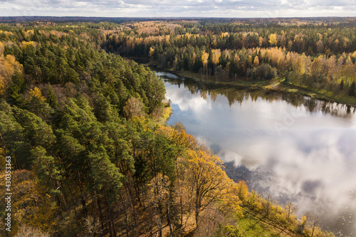 Aerial view of Ivande village in sunny autumn day, Latvia.