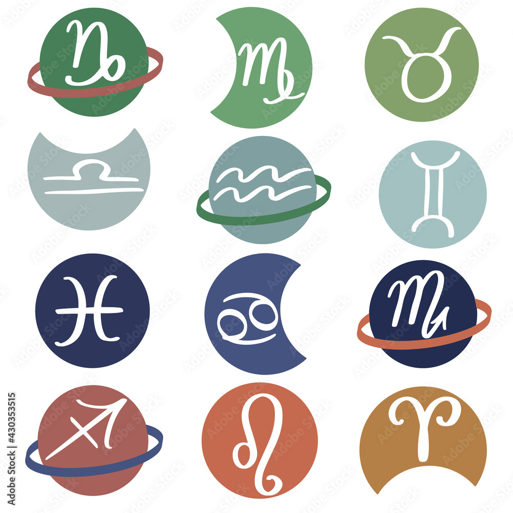 Hand drawn zodiac signs, isolated  horoscope set symbols, childish flat style
