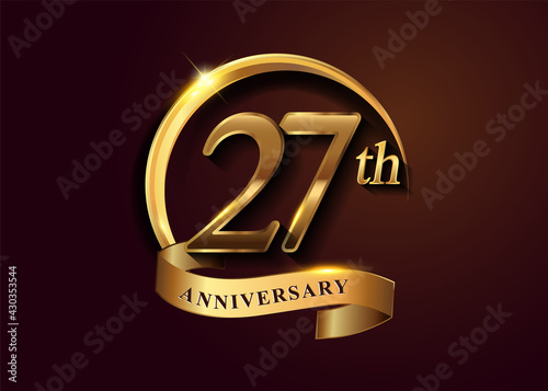 27th golden anniversary logo with gold ring and golden ribbon, vector design for birthday celebration, invitation card.