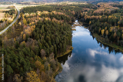 Fototapeta Naklejka Na Ścianę i Meble -  Aerial view of Ivande village in sunny autumn day, Latvia.