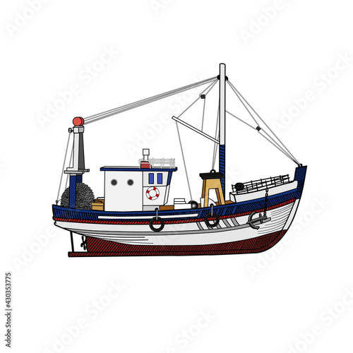 Sea or ocean transport, sea ship for the industrial production of seafood. Vector illustration.