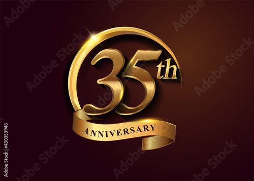 35th golden anniversary logo with gold ring and golden ribbon, vector design for birthday celebration, invitation card.