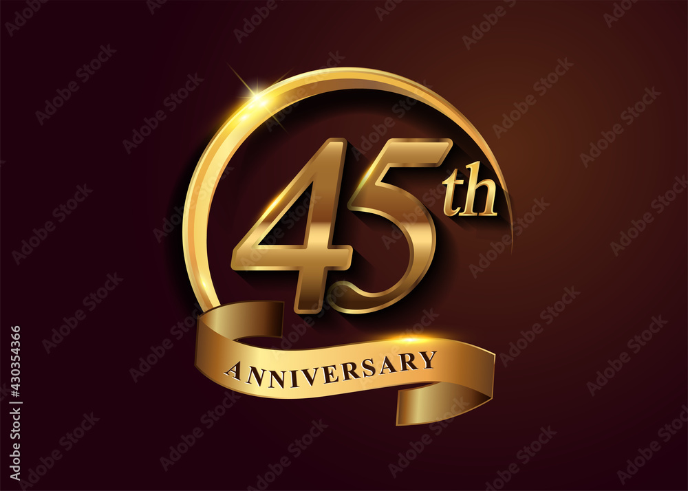 45th golden anniversary logo with gold ring and golden ribbon, vector ...
