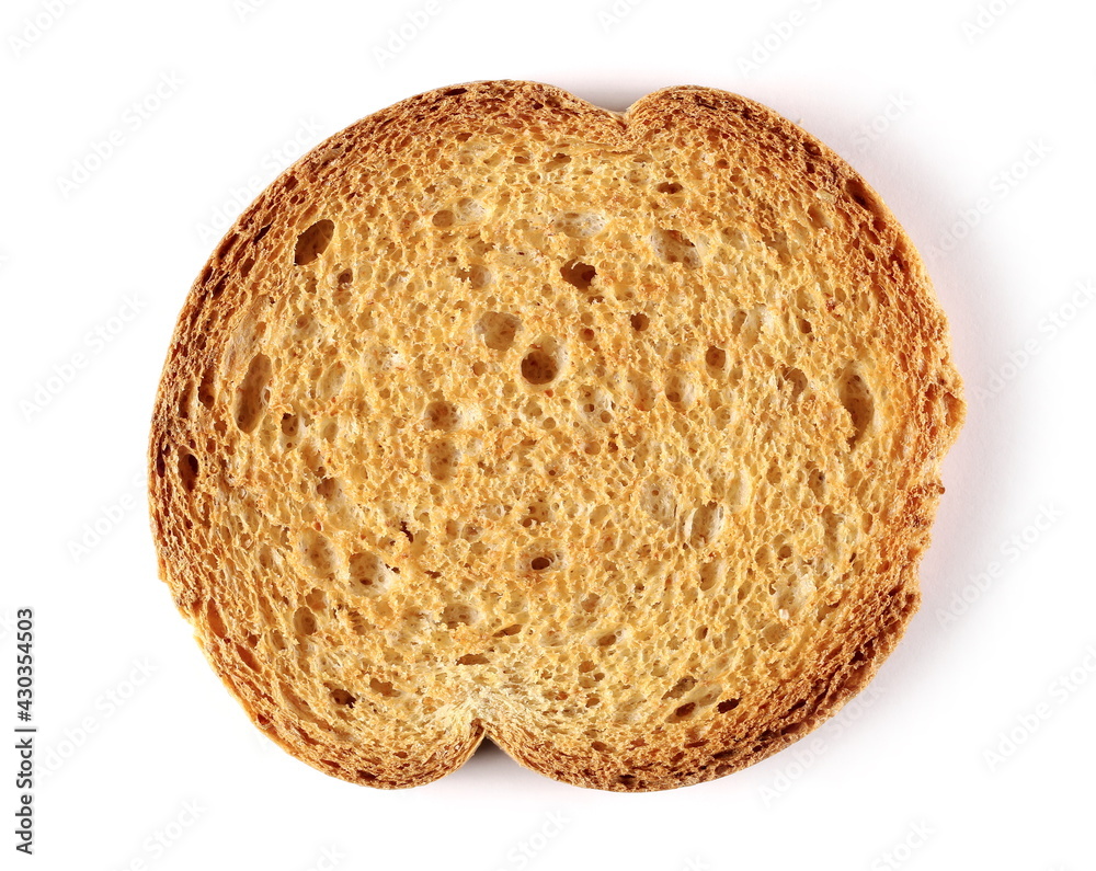 Round bread rusk, whole wheat toast isolated on white background, top view
