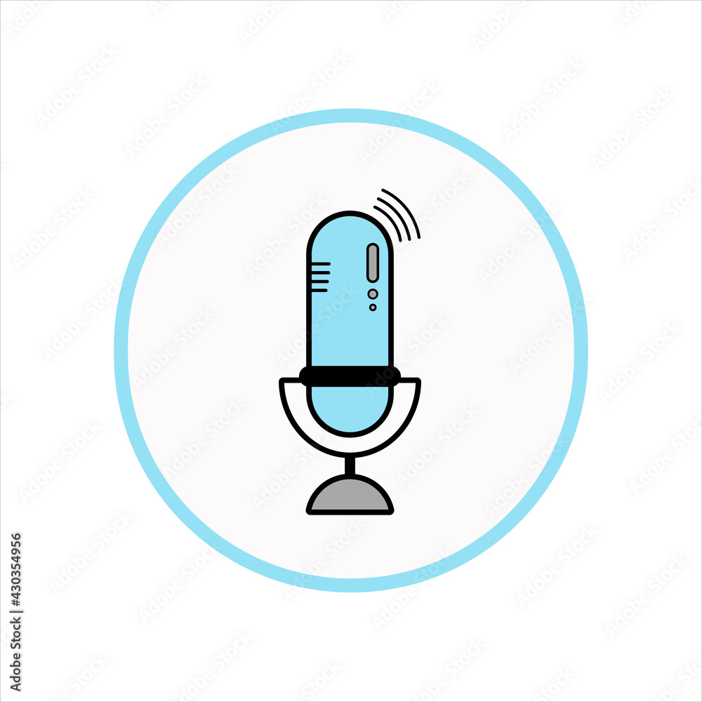 Microphone icon, simple flat style in blue and white tones. Image of speech, conversation, communication Microphone icon, simple flat style in blue and white tones. Image of speech, conversation, communication