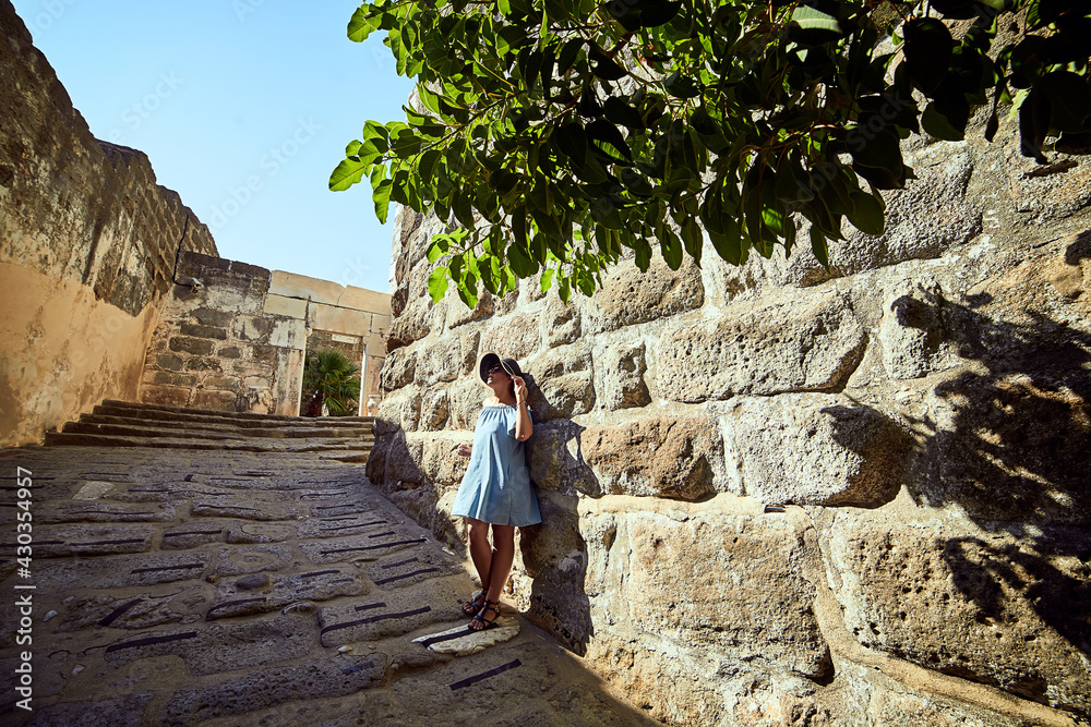 Woman Enjoying the Amazing View in Bodrum Castle. Summer Holiday in Turkey