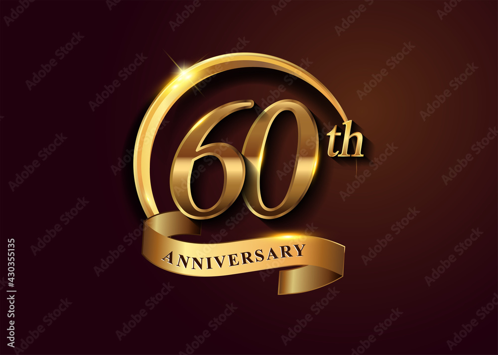 60th golden anniversary logo with gold ring and golden ribbon, vector design for birthday celebration, invitation card.