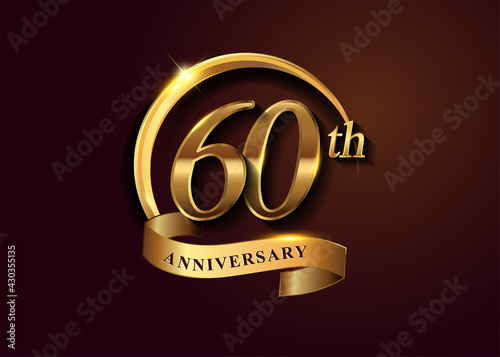60th golden anniversary logo with gold ring and golden ribbon, vector design for birthday celebration, invitation card.