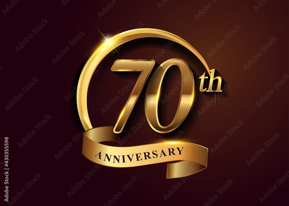 70th golden anniversary logo with gold ring and golden ribbon, vector design for birthday celebration, invitation card.