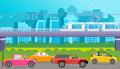 Crossover, cross country car, station wagon, car with tinted glasses vector illustration. Transport with people drive on asphalt road. Drivers in automobiles on background of modern cityscape © robu_s