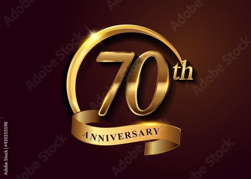 Obraz na płótnie 70th golden anniversary logo with gold ring and golden ribbon, vector design for birthday celebration, invitation card. w salonie