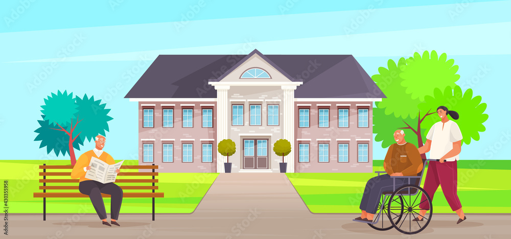 Fototapeta premium Nursing home. Girl pushes wheelchair couple walking and talking outdoor in park. Disabled man on walk. An elderly man gray-haired male character sitting on bench reading newspaper in nice garden