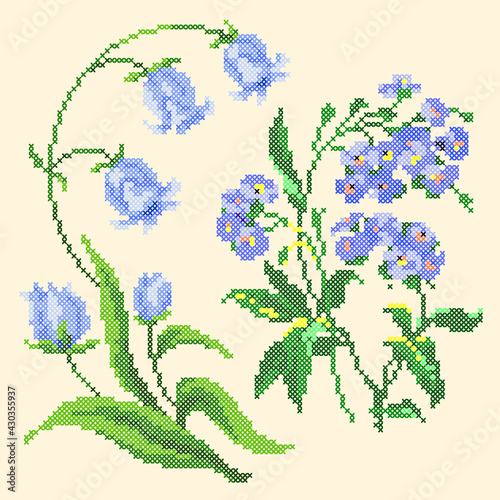 cross stitch blue flowers