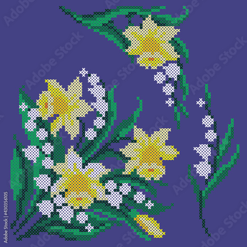 vector art embroidery narcissus and lily of the valley
