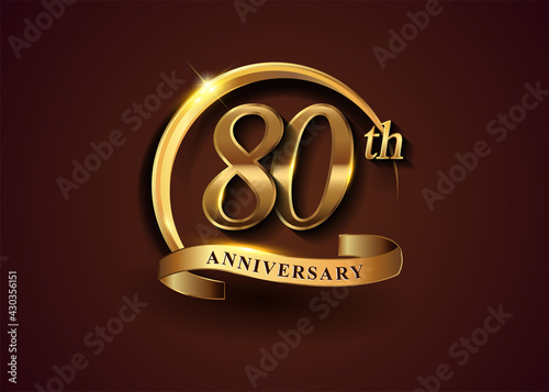 Obraz na płótnie 80th golden anniversary logo with gold ring and golden ribbon, vector design for birthday celebration, invitation card. w salonie