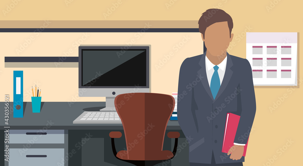 Fototapeta premium Office staff, manager work and communication. Office worker at the table. Business employees on their workspace. Co-worker. Businessman or a clerk working at his office workplace flat style