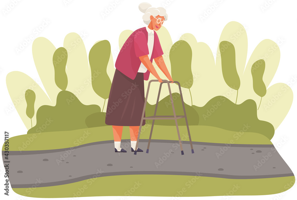 Elderly woman moving with help of front-wheeled walker in city park. Disabled lady is spending time outdoors alone. Female character walking in park with special equipment for disabled people Elderly woman moving with help of front-wheeled walker in city park. Disabled lady is spending time outdoors alone. Female character walking in park with special equipment for disabled people