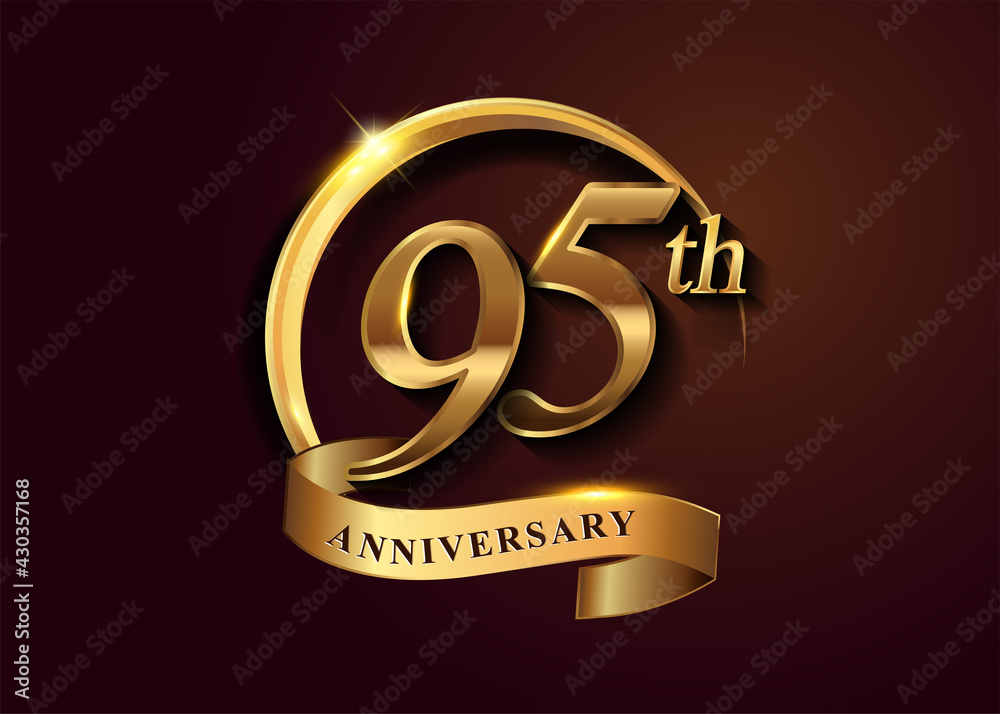 95th golden anniversary logo with gold ring and golden ribbon, vector ...