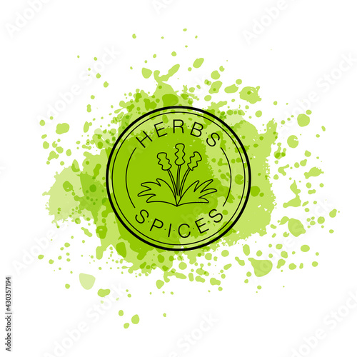 Vector illustration of herbs and spices round logo for banner, poster, spice shop advertisement, signage, catalog, product design. Text with a frame and the outline of a flower for web or print
