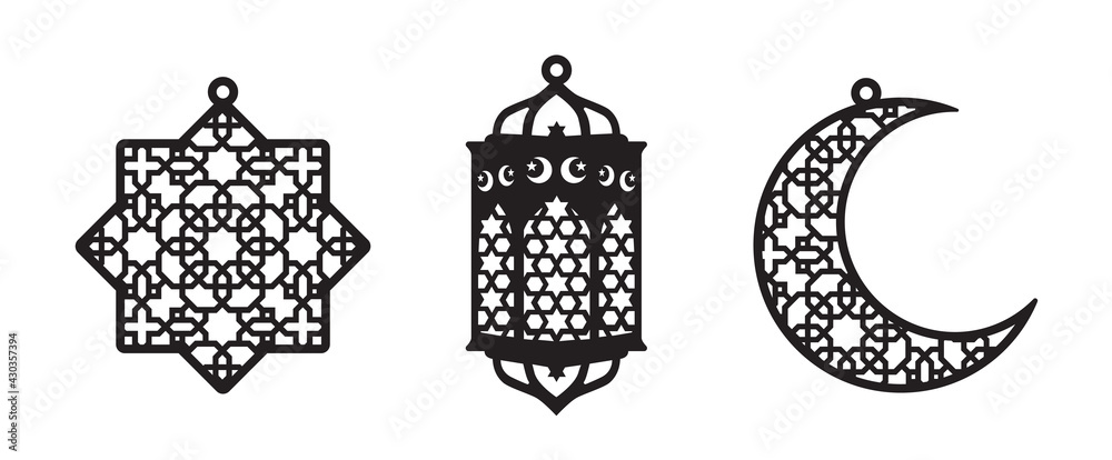 Ramadan cnc decor. Laser cutting lantern, moon,crescent, star vector  template for laser cut Stock Vector | Adobe Stock