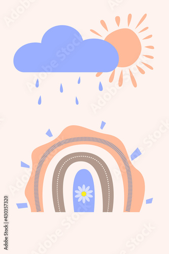 Cute chilldish rainbow pattern in scandinavian modern style. Boho arc and sun with rain clouds for contemporary poster, nursery print, t shirt print, summer party invitations etc photo