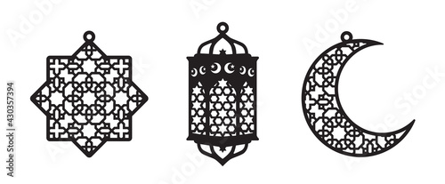 Ramadan cnc decor. Laser cutting lantern, moon,crescent, star vector template for laser cut