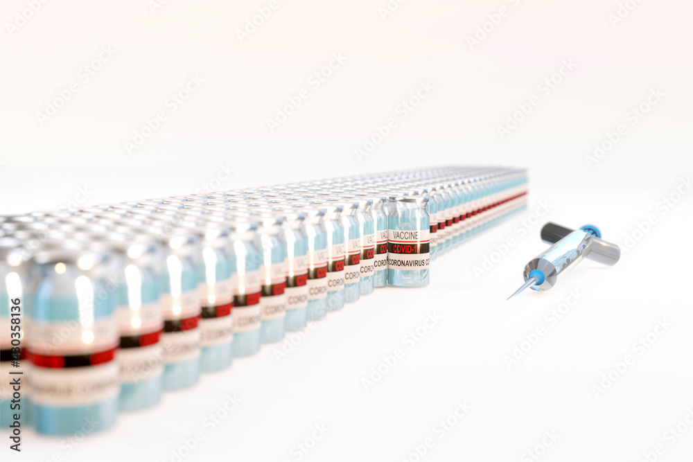3D render of ampoules with Covid-19 vaccine on a laboratory bench, with a syringe for vaccination, vaccine to fight the coronavirus concept, 3D illustration.