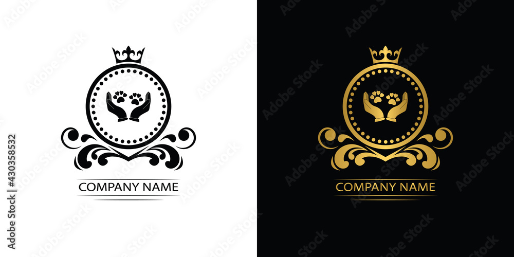 Animal care and protect clinic logo template luxury royal vector company decorative emblem with crown	
