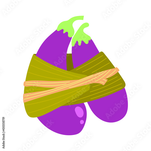 Hand drawn eggplant packed in banana leaves, eco-friendly packaging, no plastic concept. Flat illustration.