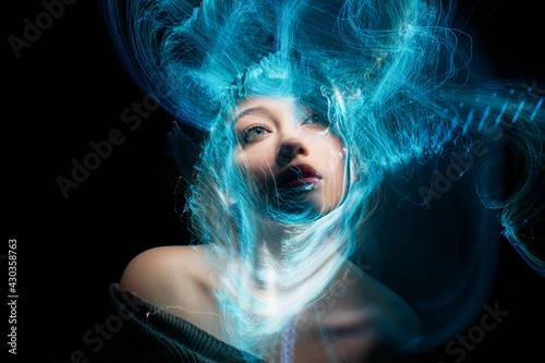 lightpainting portrait, new art direction, long exposure photo without photoshop, light drawing at long exposure,cover art
