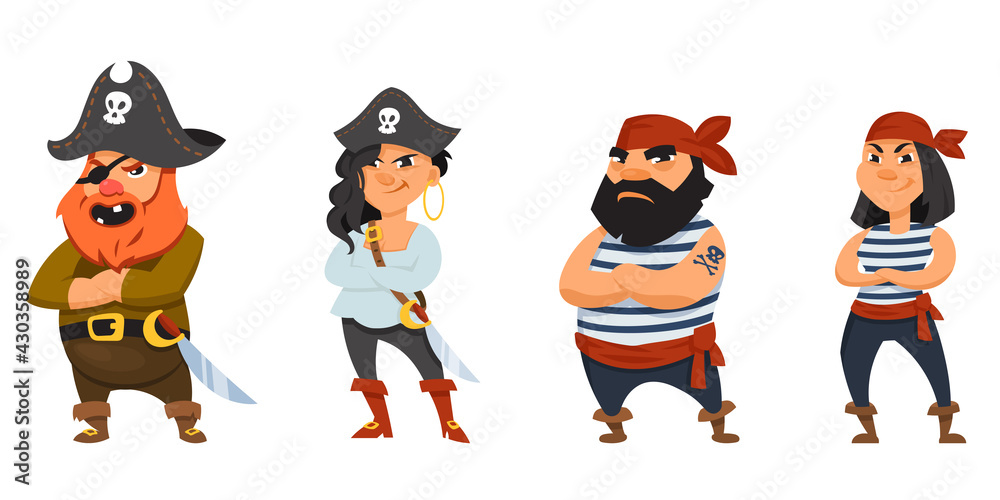 Male and female pirates with crossed arms. Funny characters in cartoon style. Male and female pirates with crossed arms. Funny characters in cartoon style.