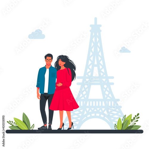 couple walking in Paris against the backdrop of the Eiffel Tower..People Group Travel. Happy couples traveling in Europe. sights from around the world, picture for travel images, happy family travels