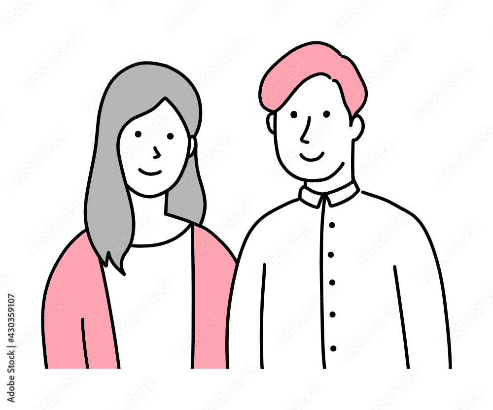 若い男性と女性のイラスト 恋人や夫婦のイメージ カジュアルな服装の男女が並んでいる おしゃれな手書きのイラスト Vector De Stock Adobe Stock