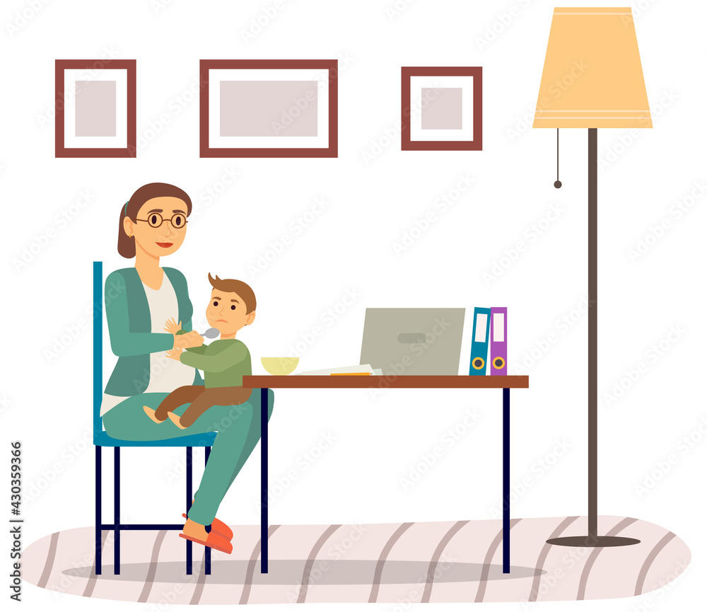 Mother feeding baby child sitting on her knees. Holding hands with spoon going to mouth. Mom gives her son porridge. Family having lunch in kitchen together. Parent feeds little son with spoon Mother feeding baby child sitting on her knees. Holding hands with spoon going to mouth. Mom gives her son porridge. Family having lunch in kitchen together. Parent feeds little son with spoon