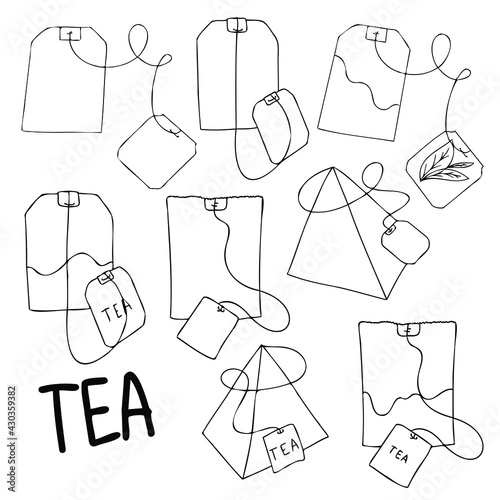 Set of vector doodle style tea bags. Tea bags with black tags.