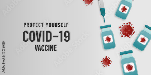 Coronavirus vaccine vector background. Covid-19 corona virus vaccination with vaccine bottle and syringe injection tool for covid19 immunization treatment. Vector illustration.