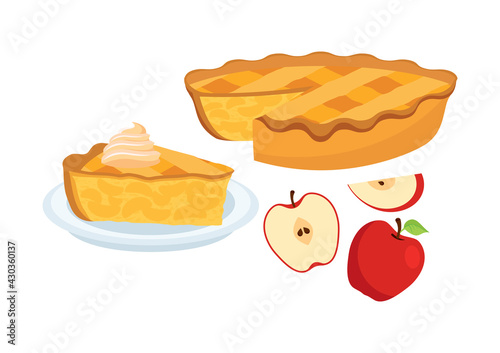 Sweet traditional Apple Pie with apples icon set vector. Piece of apple pie icons vector. Cake with apples and whipped cream vector. Classic american sweet pie clip art isolated on a white background