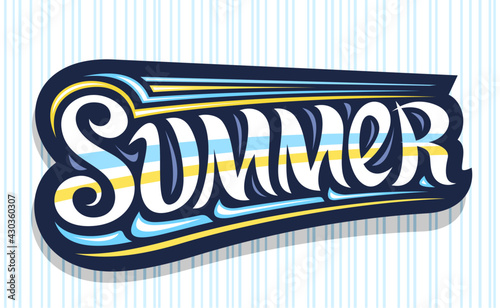 Vector logo for Summer, dark decorative badge with curly calligraphic font, illustration of art design sea waves, summer time concept with swirly hand written yellow word summer on blue background.