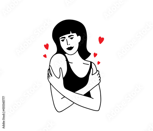 Self hugging, love, care yourself, body positive. Young beautiful woman smiling embracing shoulders. Cute girl with bob hair and hearts around hugs herself. Isolated hand drawn vector illustration