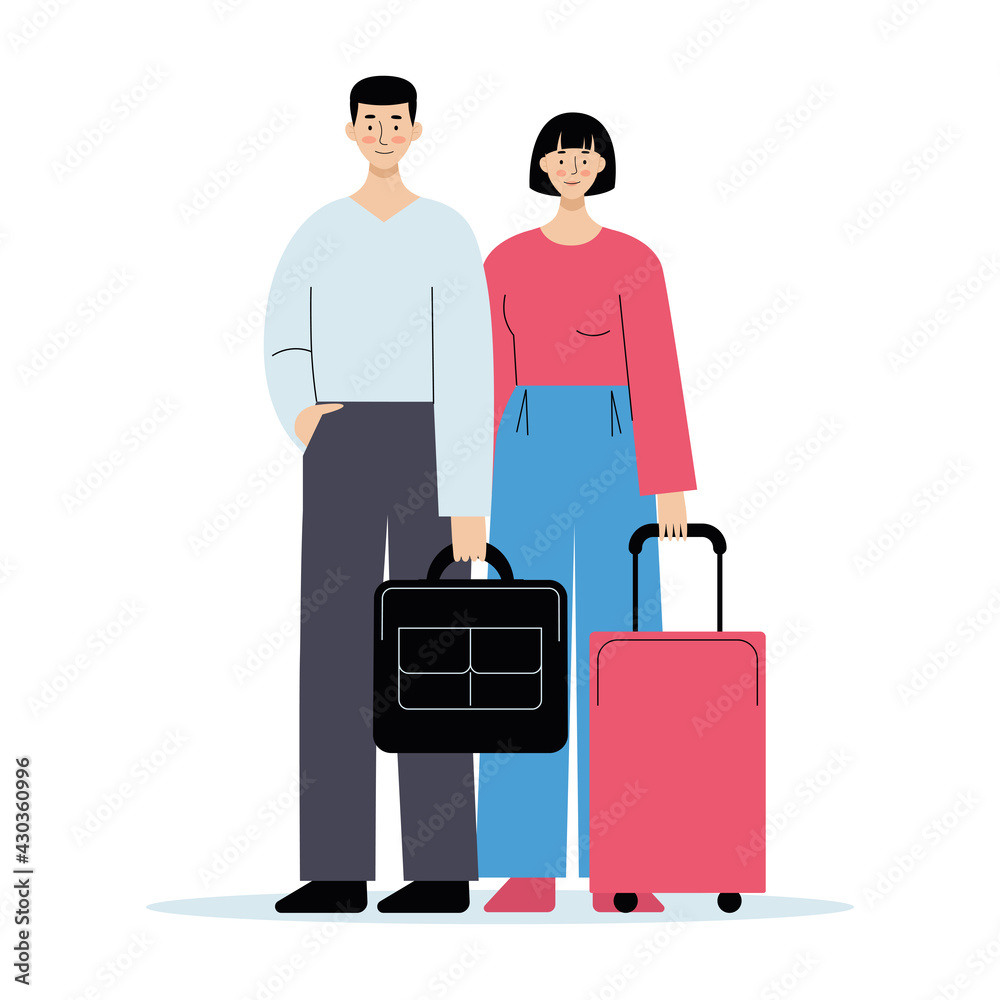 Traveling couple of young people. Man and woman with luggage in the airport . Vector illustration in flat style Traveling couple of young people. Man and woman with luggage in the airport . Vector illustration in flat style