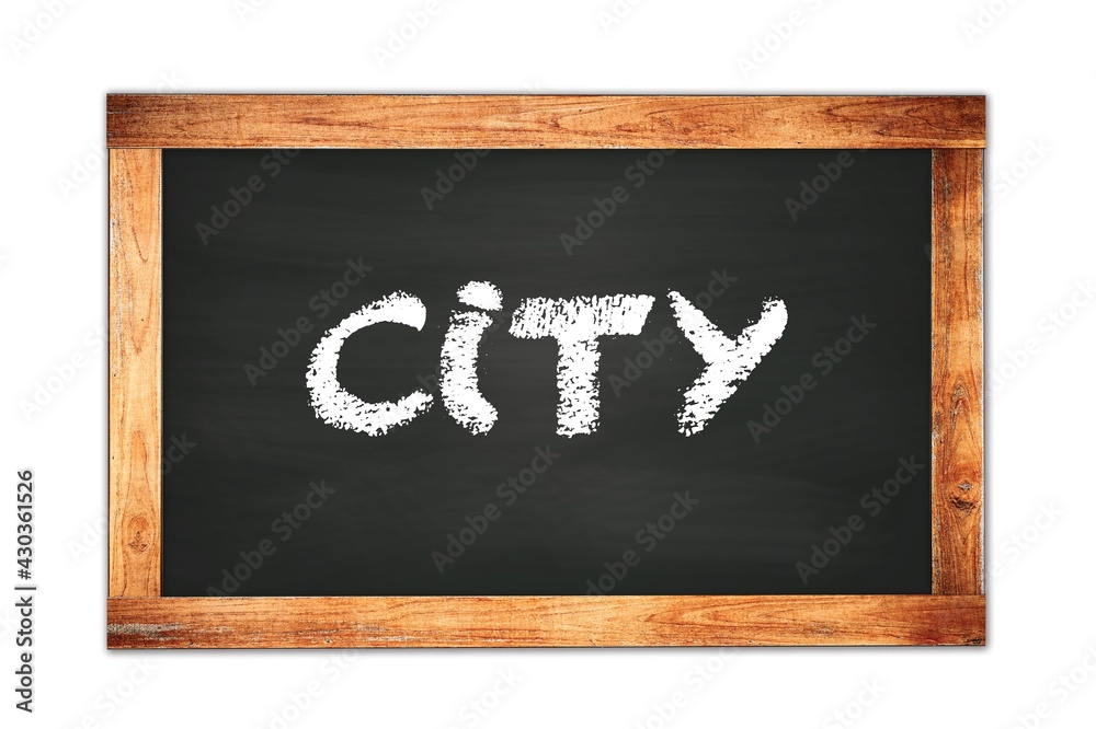 CITY text written on wooden frame school blackboard. CITY text written on wooden frame school blackboard.