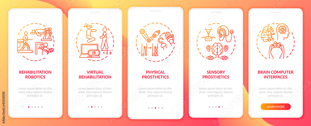 Rehab engineering application onboarding mobile app page screen with concepts. Virtual reality walkthrough 5 steps graphic instructions. UI, UX, GUI vector template with linear color illustrations