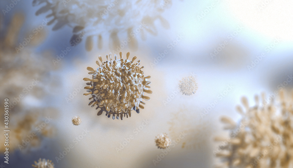 Fototapeta premium Concept of fight against COVID 19 virus. Coronavirus outbreak and coronaviruses influenza background with disease cell as a 3D render