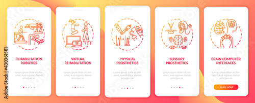 Rehab engineering application onboarding mobile app page screen with concepts. Virtual reality walkthrough 5 steps graphic instructions. UI, UX, GUI vector template with linear color illustrations