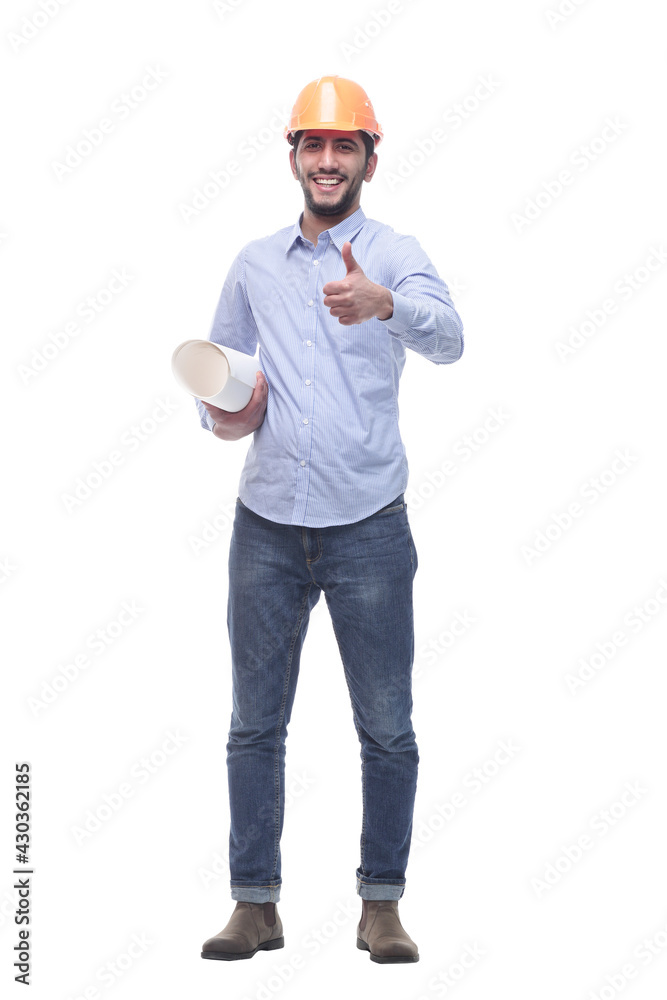 young man with drawings pointing at a white screen. young man with drawings pointing at a white screen.