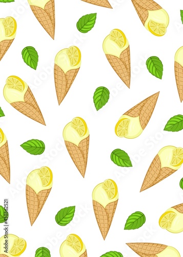 Lemon ice cream with lemon wedges and mint leaves.