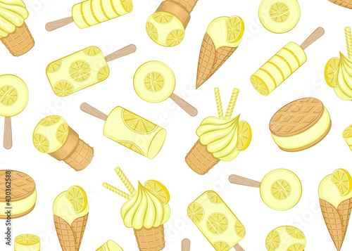 Lemon ice cream with lemon wedges. Background.